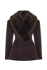 Women Big Faux Fur Lapel V‑Neck Wool Blend Blazer Jacket Double Button Fitted Waist Long Sleeve Elegant Outerwear Coat