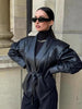 Suninherat Autumn Faux Leather Jacket Black PU Jacket Coat with Belt Lapel Women's Outwear