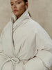 Ladies Beige Belted Puffer Coat Stand High Collar Wrap Design Drawstring Waist Oversized Bubble Jacket Winter Warm Outwear