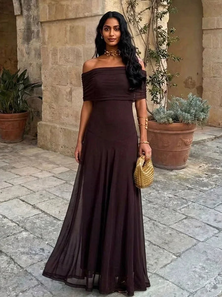 Women Mesh Maxi Dress Off Shoulder Fold Over Tube Top Ruched Waist Flowy A Line Floor Length Resort Wedding Guest Evening Gown