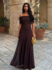 Women Mesh Maxi Dress Off Shoulder Fold Over Tube Top Ruched Waist Flowy A Line Floor Length Resort Wedding Guest Evening Gown