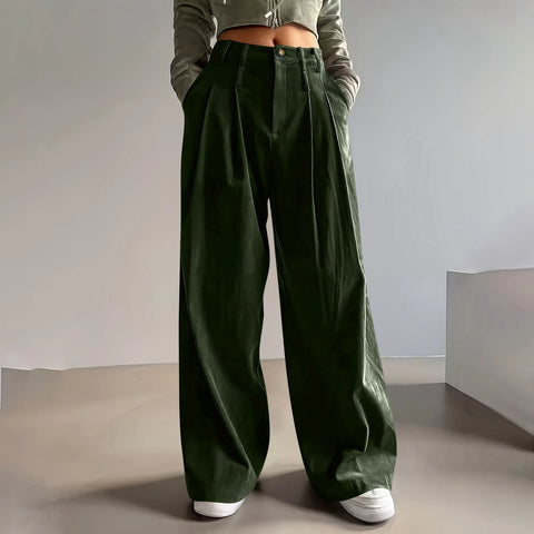Spring Autumn Loose-Fitting Corduroy Trousers Women's Solid Color Button Pocket Corduroy Wide-Leg Pants Straight Pants