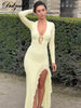V-Neck Long Sleeve Slim Side Slit Mesh Patchwork Long Dress Women'S Solid Sexy Elegant Clothes Party Club Autumn Outfit