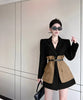 Original Design Blazer Women Loose Spliced Pocket Korean Shrug Notched Single Breasted Blazer Mujer Femal with Belt