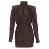 Elegant Shoulder Padded Dress Women Turtleneck Ruched Sexy Classic Office Commute Simple Peach Hip Slim Mini Bodycon