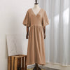 Causal 100% Cotton Women's Dress Vintage Crepe Gauze V-Neck Puff Sleeve Bandage Lace Up Elegant White Dresses Long Maxi Robe