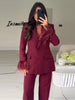 Chic Feather Blazer Pants Set Women Lapel Shoulder Pads Full Sleeve Jacket Pocket Straight Pant Spring Autumn Lady Suit