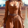 Retro Sexy Square Collar Hollow Irregular Dress Woman Pure Elegant Button Pleated Dress Fall Long Sleeve Ruffle Swing Boho Dress