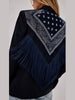 Women Blazer Jacket Bandana Print Fringe Shawl Back Patchwork Tassel Detail Lapel Long Sleeve Single‑Breasted Casual Suit Coat