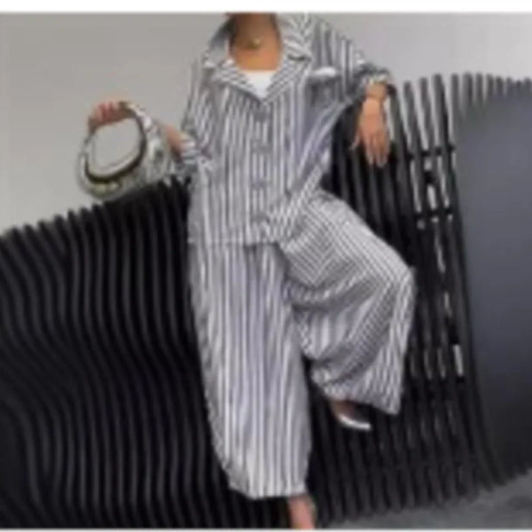 Spring Fall Women's 2 Piece Set Suit Office Lady Floral Striped Loose Blazer Casual Wide Leg Pants Suits For Women Clothing