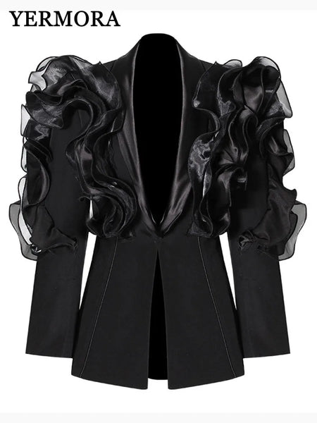 Spliced Mesh Ruffles Casual Blazer For Women Lapel Long Sleeve Tide Loose Fit Jacket Spring Autumn A165
