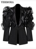 Spliced Mesh Ruffles Casual Blazer For Women Lapel Long Sleeve Tide Loose Fit Jacket Spring Autumn A165