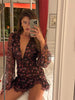 Women Chic Floral Print Deep V Neck Long Sleeved Waist Cinching Dress Layered Ruffle Hem Mini Dresses Elegant Party Daily Robes