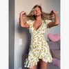 Women Elegant Flora Painted Ruffle Mini Dress Chic Full Sleeve Deep V-neck Slim A-line Dresses Lady Vacation Street Gowns