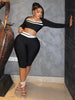 Contrast Patchwork 2 Piece Set Woman Autumn Low-Neck Full Sleeve Crop Tops+Skinny Peach Hip Long Pant Sexy Suit
