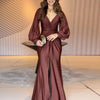 Elegant Long Sleeve Solid Dresses Women V Neck Pleated Waist Twist Detail High Split Maxi Dress Evening Prom Wedding Guest Dress