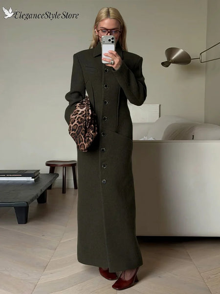 Solid Faux Woolen Maxi Coats Women Waist-cinching Single-breasted Shoulder Pad Lapel Overcoats Ladies Winter Streetwear