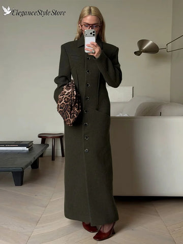 Solid Faux Woolen Maxi Coats Women Waist-cinching Single-breasted Shoulder Pad Lapel Overcoats Ladies Winter Streetwear