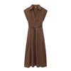 Zerains Autumn women's clothing temperament casual style lace up decoration lapel with belt Midi dress