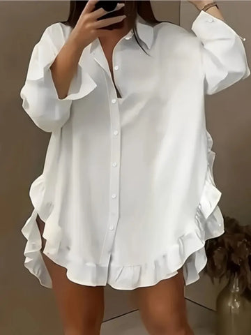 Solid Mini Party Prom White Mini Dresses Women Falbala Lapel Long Sleeve Casual Shirts Casual Vintage Blouses