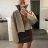 Women Cropped PU Leather Jackets Chic Stand Collar Wide Flare Sleeve Asymmetrical Wrap Open Front Coat Autumn Loose Jacket