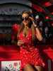 Sexy Flora Painted Ruffle Slim Dress Women Chic Full Sleeves Deep V-neck A-line Short Dresses Lady Night Club Street Gowns