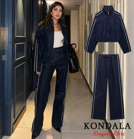 Women High Street Denim Set Spring Fall Side Stripe Stand Collar Zipper Jacket Lace-up Pant Casual Pants Set
