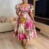 Women's Floral Print Plus Size Midi Dress Sweetheart Neck Puff Sleeve A-Line Elegant Party Cocktail Vitnage Evening Dresses
