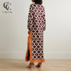 Geometric Print Women Maxi Dresses Long Flare Sleeve Feather Fringe Trim Side Slit Dress Elegant Party Vintage Ladies Dress