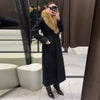 Elegant Faux Fur Wool Long Coat Women Solid Full Sleeve Lapel Patchwork Waist-closed Slim Coats Female Winter Outwear