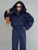Solid Hooded Cropped Puffer Jacket Women Stand Collar Snap Button Loose Long Sleeve Jackets Winter Casual Warm Padded Coat