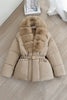Winter Women Short Puffer Jacket Faux Fur Lapel Collar Waist Belt Design Solid Color Warm Elegant Daily Ladies Outerwear