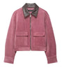 Women's Pink Corduroy Pu Leather Collar Cropped Jacket Long Sleeve Zipper Coat All-match Spring Autumn Outfit
