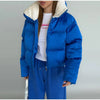 Solid Hooded Cropped Puffer Jacket Women Stand Collar Snap Button Loose Long Sleeve Jackets Winter Casual Warm Padded Coat