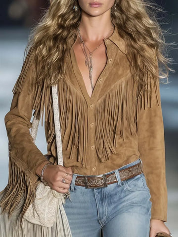 Spring Autumn Long Sleeve Suede Shirt Blouse Lapel Single-breasted Tassel Blouses Solid Color Elegant Office Lady Jacket Tops