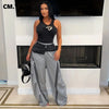 Women Denim Patchwork Pocket Side Wide Leg Loose Jogger Pants Active Jean Splicing Sweatpants Trousers