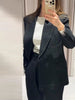 Loose Contrast Stitching Blazer Trousers Set Lapel Blazer Double Breasted Shoulder Pad Wide Leg Pants Casual Women Sets