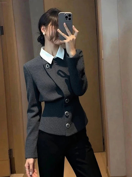 Light Slim Fit Blazers Women Fake Two Piece Patchwork Button Suit Jacket Autumn Vintage Office Lady Female Simple Tops