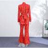 Geometric Printed Blazer Jacket Pants Sets Women Shoulder Pads V Neck Lace Up Full Sleeve Jackets Flare Pant Lady Outfit