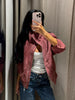 Women Stand Collar Leather Pilot Jacket Red Zipper Cropped Long Sleeve Coat Casual Outerwear Lady Autumn Casual Coat