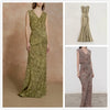 Women Silk Pendant Ink Color Midi Dress V-Neck Slim Wrapped Tie Waist Long Dresses for Ladies