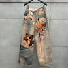 Autumn Winter Niche Design Print Contrast Color Loose Jeans For Women Straight Wide-leg Denim Pant 1A1517