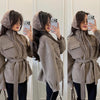 Elegant Woolen Women Short Coat Urban Stand Collar Long Sleeve Belt Pocket Female Outwear Autumn Winter Lady Streetwear