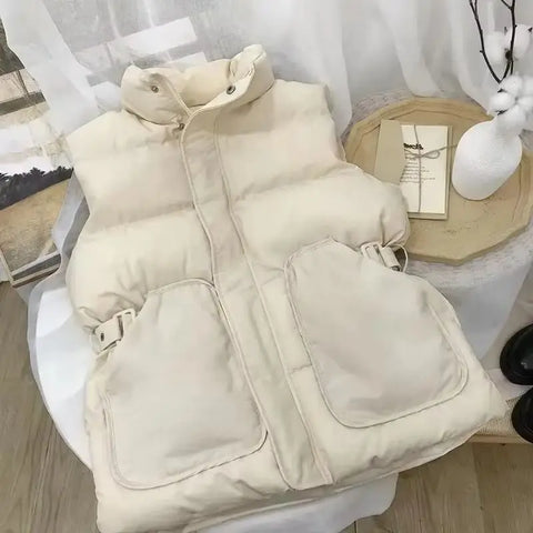 Winter Down Cotton Vest Jacket Women's Sleevele Stand Parkas Warm Short Vest Coat Female Waistcoat Overcoat Ladies Tops