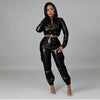 Women Jacket Sets 2 Piece Long Sleeved Slim PU Leather Gripped Pants Set Solid Zipper Fly Pencil Pants Slim Fit High Street Suit