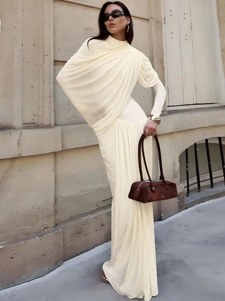 Elegant Shawl Dress Women Classic Basics Ruched O-Neck Full Sleeve Chic Stretch Skinny Party Banquet Activity Outfits
