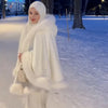 Women Furry Trim Hooded Cape Coat Warm Loose White Shawl Cloak Winter Evening Party Festival Elegant Lady Outfit