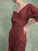 Women Silk Pendant Ink Color Midi Dress V-Neck Slim Wrapped Tie Waist Long Dresses for Ladies