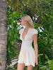 Cream White Polka Dot Mini Dress Women Deep V Neck Short Puff Sleeve Pleated Front Buttons Slim Fit Casual Party Dresses