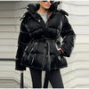 Shiny Belted Waist Jacket For Women Casual Detachable Hood Zipper Pockets Coat Lady Winter Chic Street Outerwear